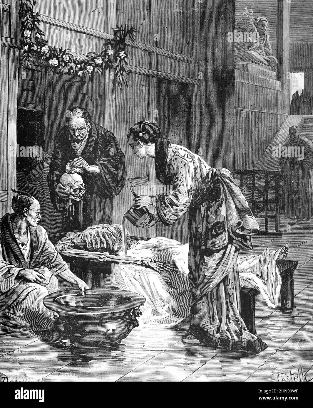 Death Ritual Washing Skeletons in Shinto Temple Japan. Vintage Illustration or Engraving 1883 (Deschamps-Castelli) Stock Photo