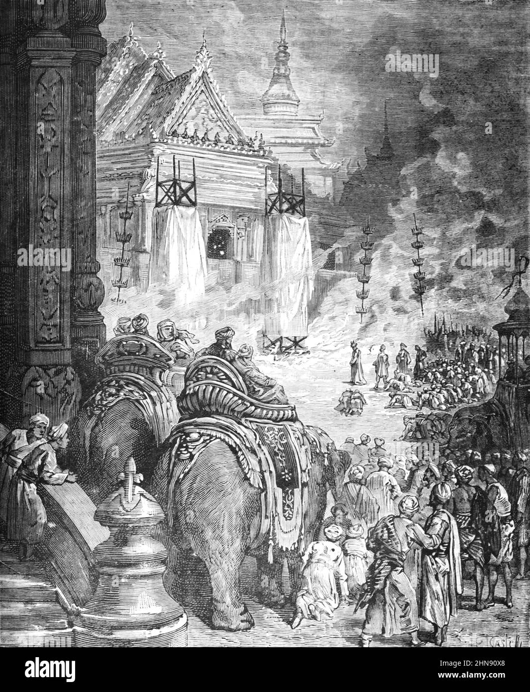 King Rama V of Thailand Lits a Funerary Pyre for a Royal Funeral or Burial in the Bangkok Palace Bangkok Thailand. Vintage Illustration or Engraving 1883 (Castelli) Stock Photo