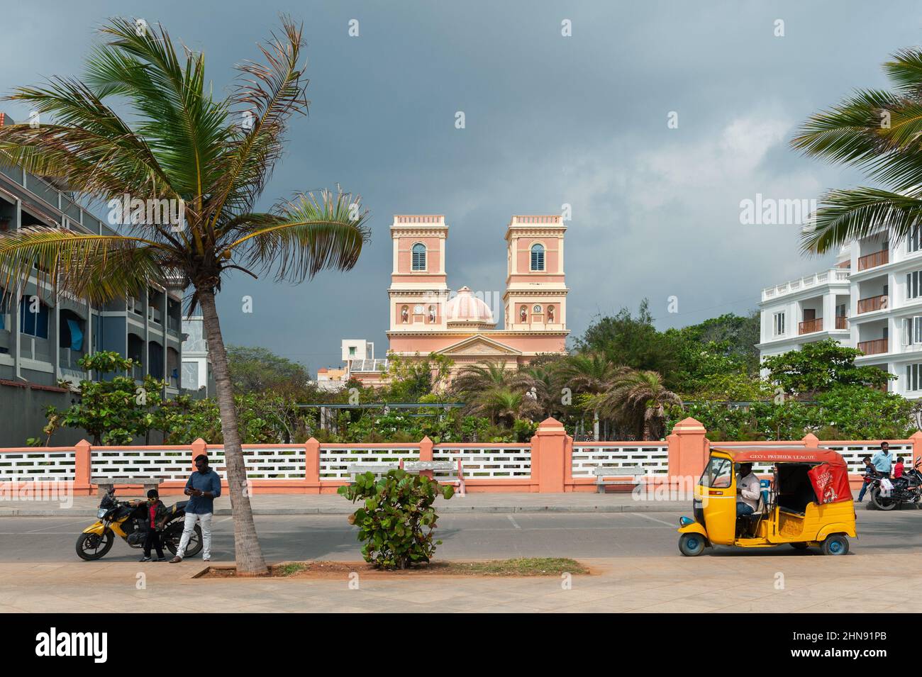 PONDICHERRY, INDIA - February 2020: The Church of Notre Dame des Anges on the beach promenade by the sea Stock Photo