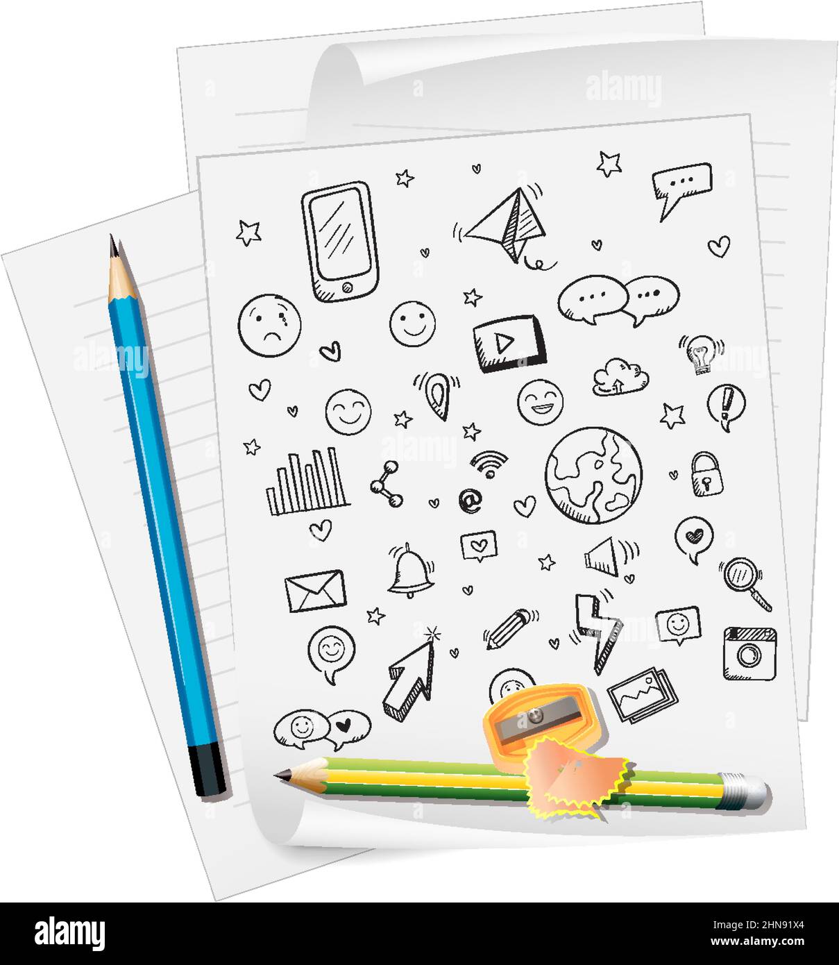 Hand drawn doodle icons on paper with pencils illustration Stock Vector ...