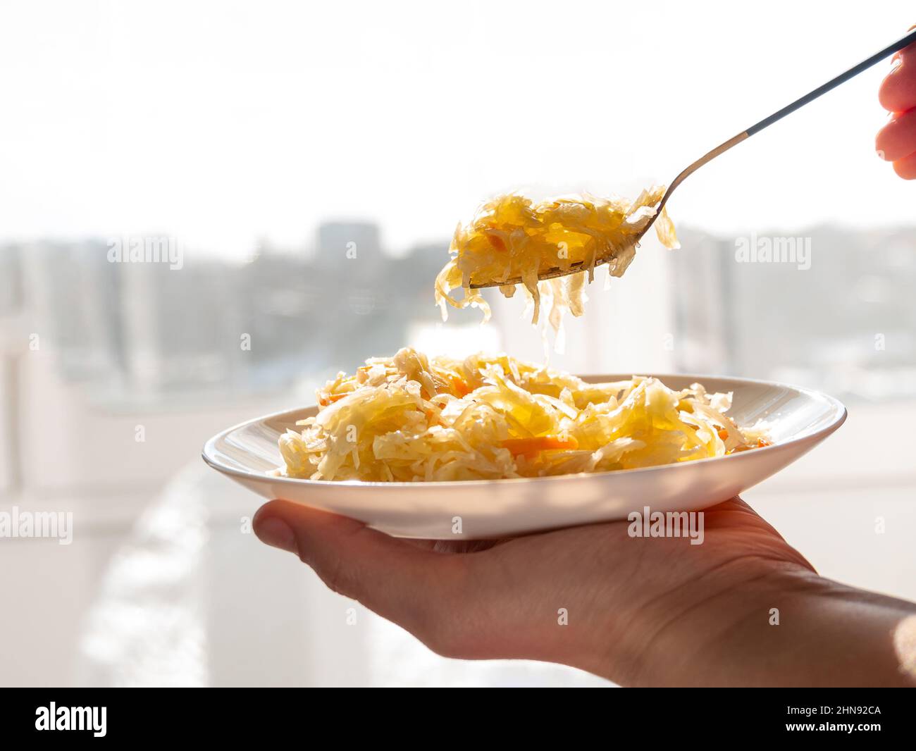 Sauerkraut with vegetable oil in rays of daylight. National european