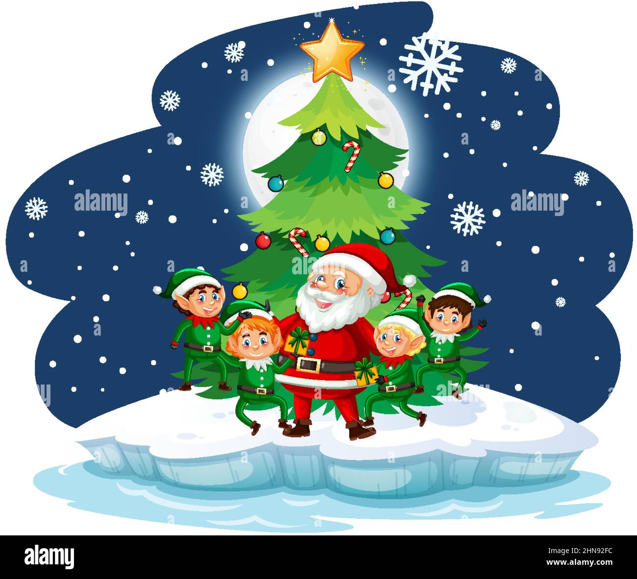 Snowy night with Santa Claus and elves friends illustration Stock ...