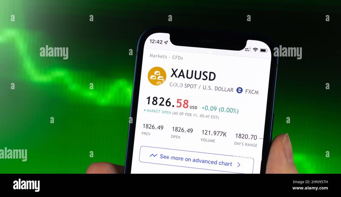 Kharkov, Ukraine - February 11, 2022: XAU USD gold stock trade price chart,  green finance background. Logo closeup Stock Photo - Alamy