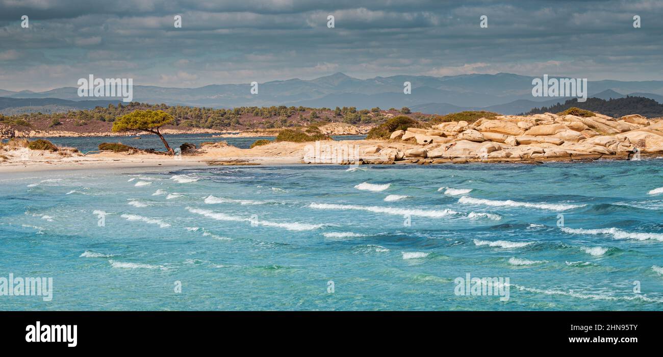 Panoramic view of iconic Karydi Beach near the village of Vourvourou on ...