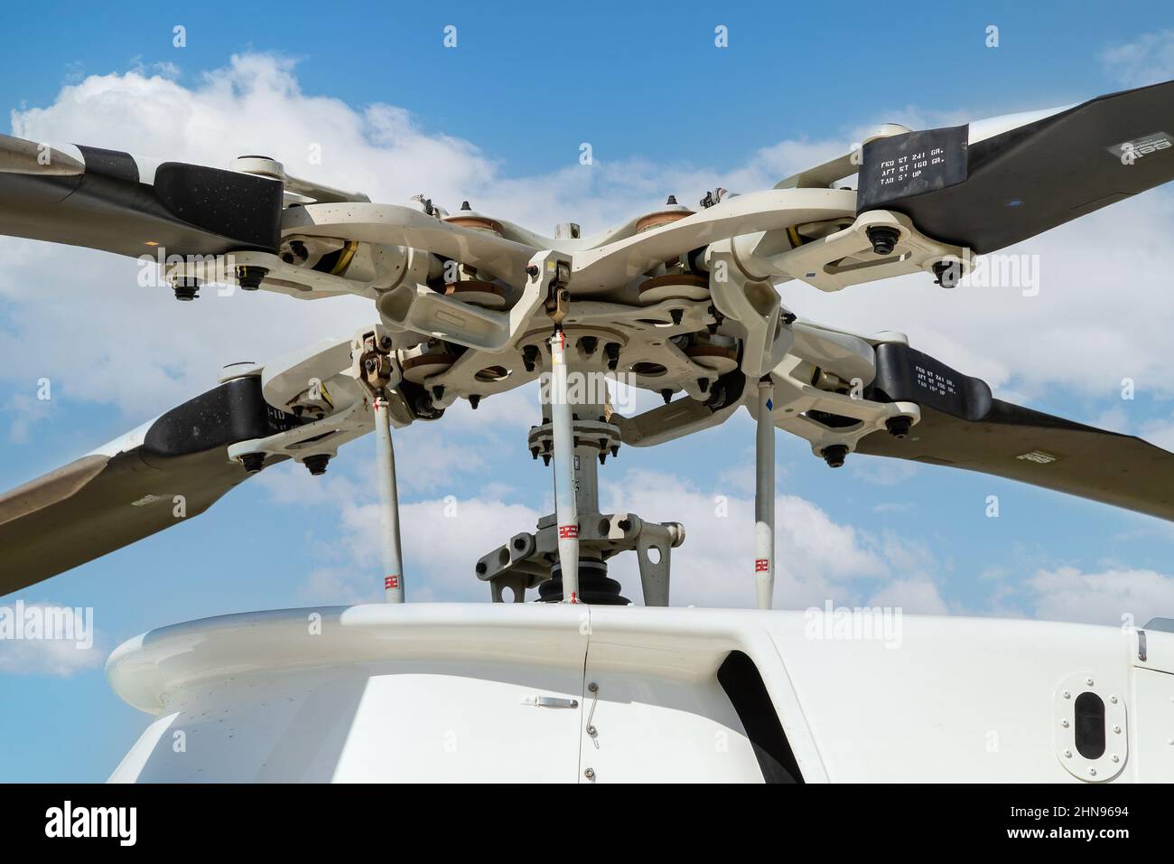 Johannesburg, South Africa, 9th February - 2022: Mast and rotor blades on helicopter. Stock Photo