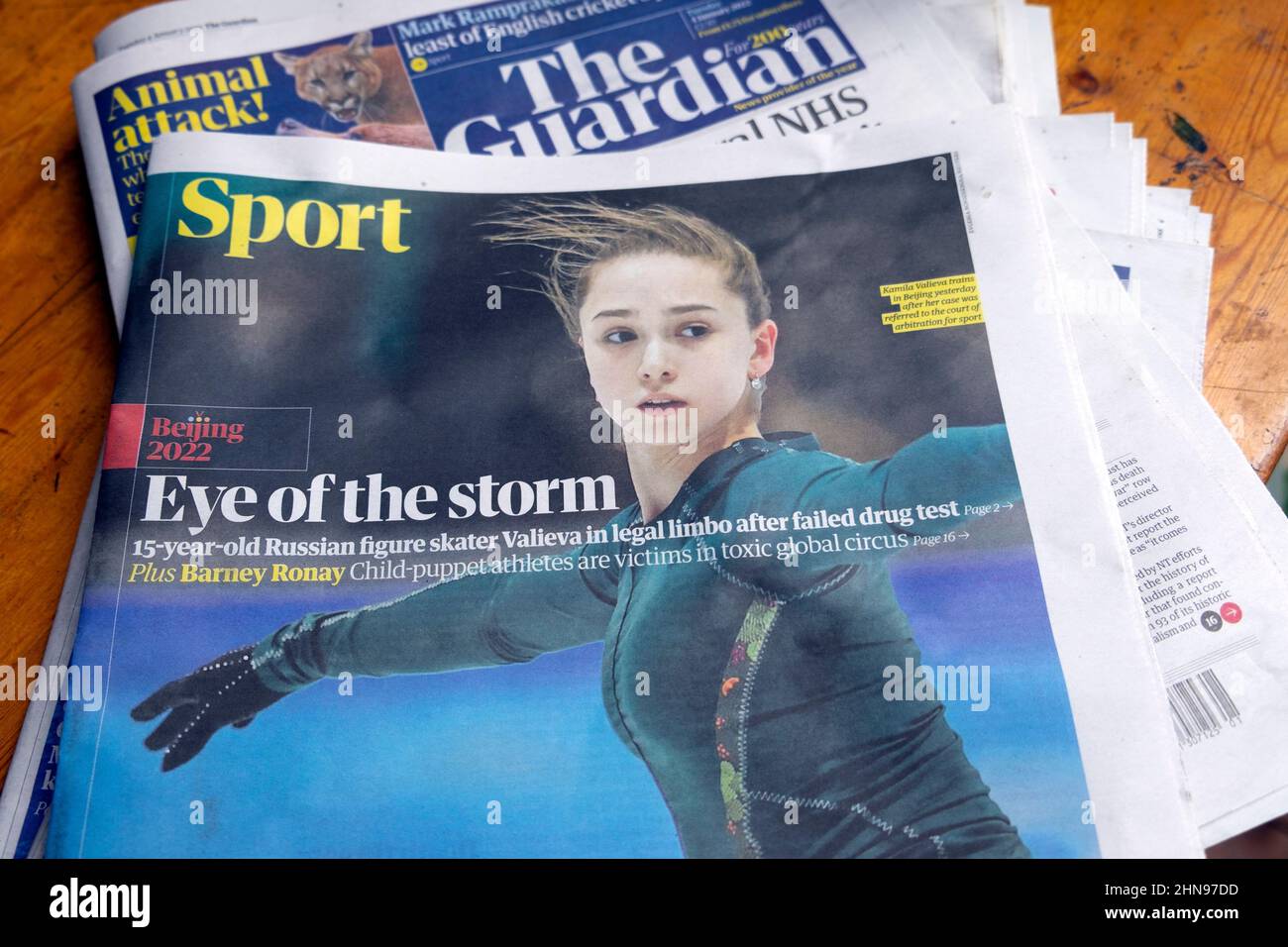 Russian skater Kamila Valieva failed drug test Beijing 2022 Olympics Guardian front page Sport section newspaper headline 'Eye of the Storm' London UK Stock Photo