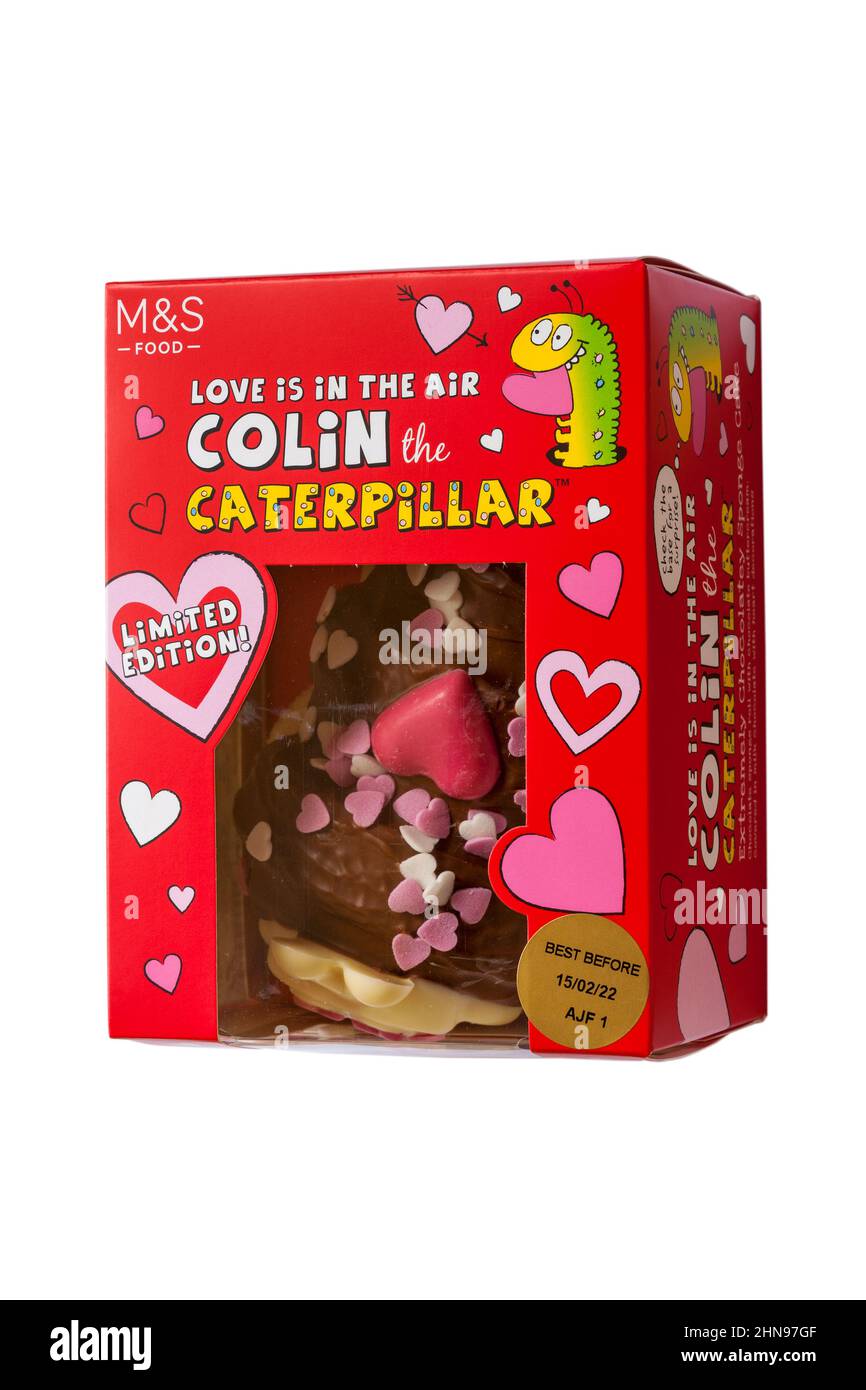 Love is in the Air Colin the Caterpillar cake limited edition ready for Valentines from M&S isolated on white background Stock Photo