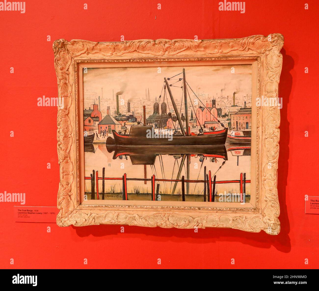 A picture called 'The Coal Barge' by L. S. Lowry at the Potteries Museum and Art Gallery, Hanley, Stoke-on-Trent, Staffs, England, UK Stock Photo