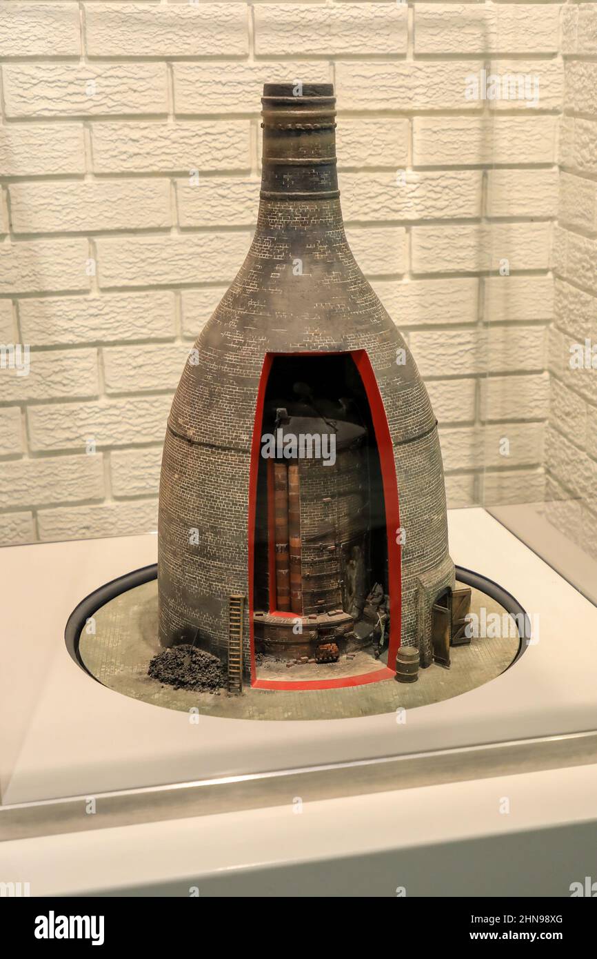 A cut-away model of a bottle oven or bottle kiln on display at the Potteries Museum and Art Gallery, Hanley, Stoke-on-Trent, Staffs, England, UK Stock Photo