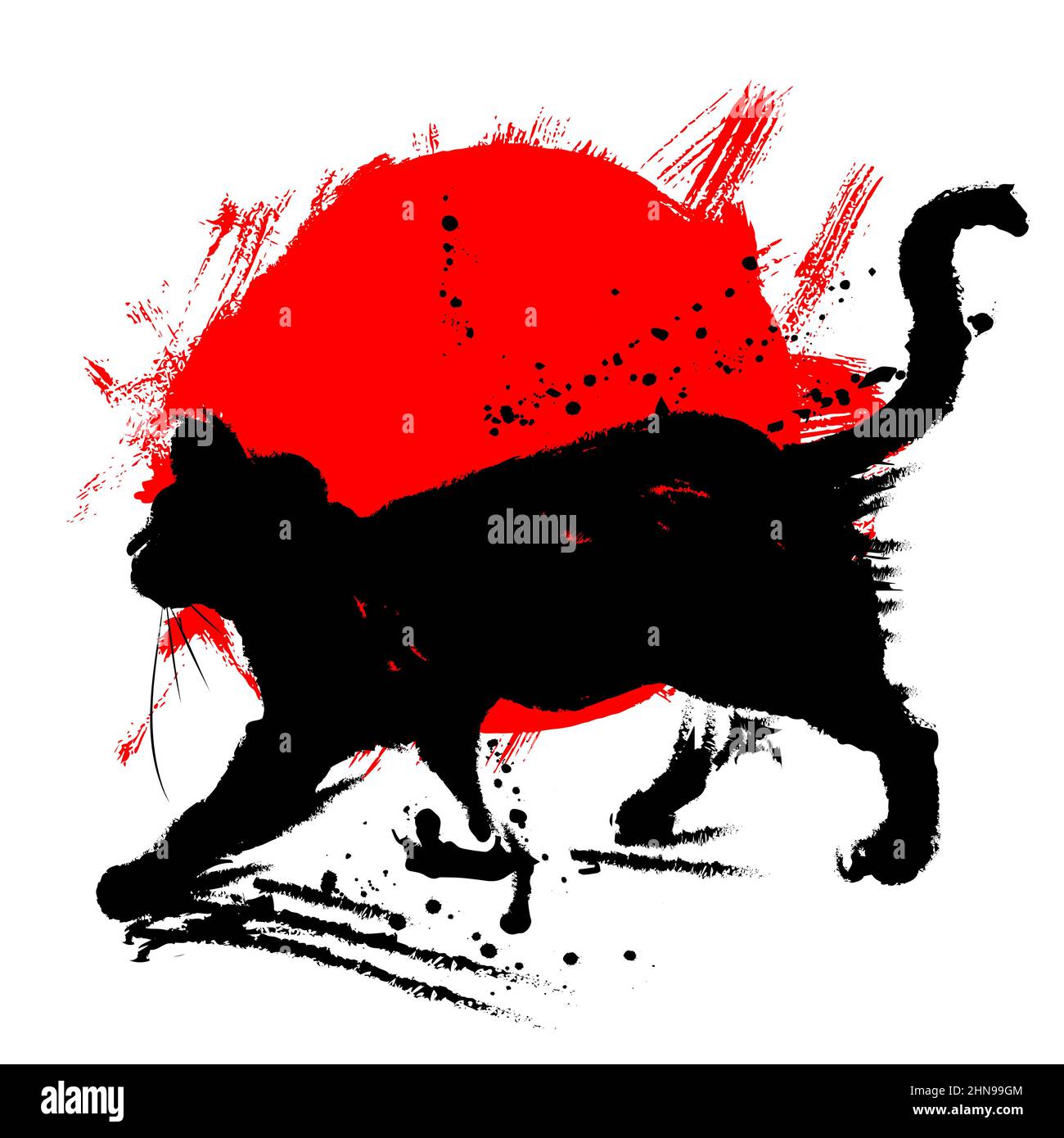 Black fluffy cat , Traditional Japanese ink painting sumi-e. Vector illustration. Stock Vector