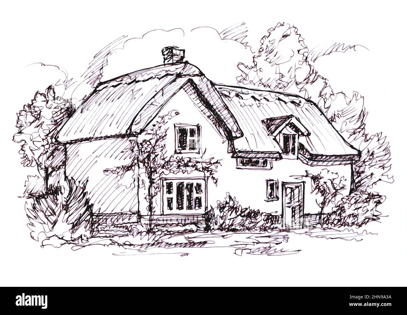 Sketch of a thatched cottage on a white background. Stock Photo