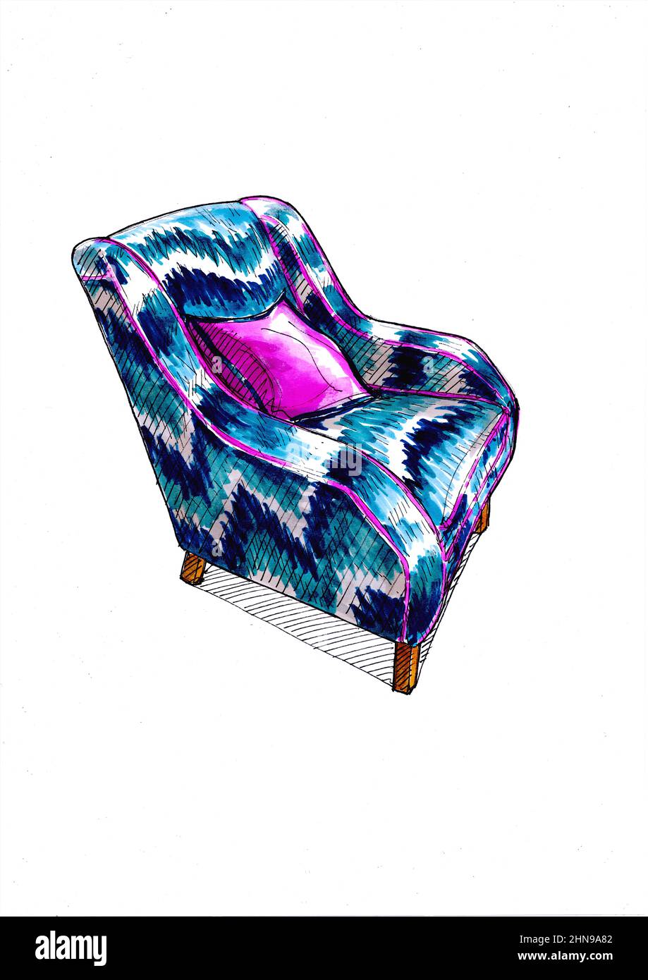 Sketch for a chair in a colourful patterned fabric. Stock Photo