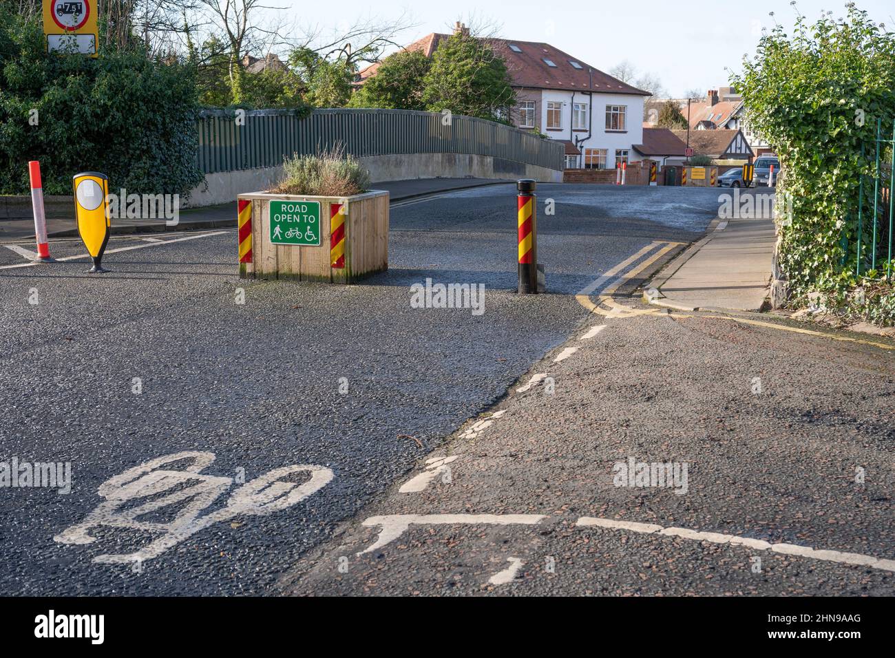 A bridge closed to vehicles. Low Traffic Neighbourhood or LTN measures on Stoneyhurst Road, South Gosforth, Newcastle upon Tyne, UK Stock Photo