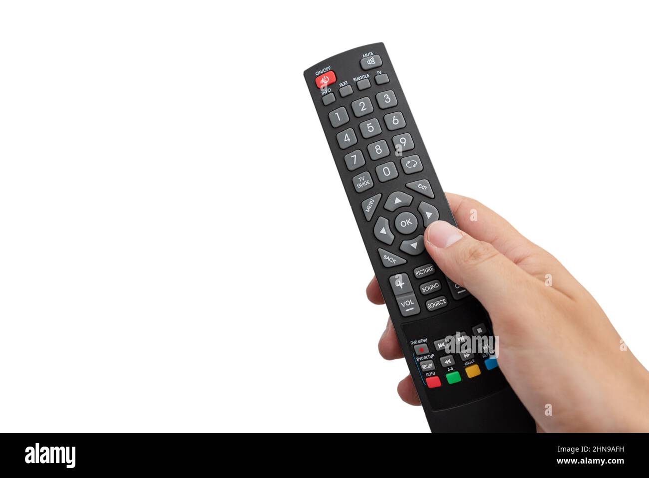 Hand holding remote control. Element isolated on white background Stock Photo