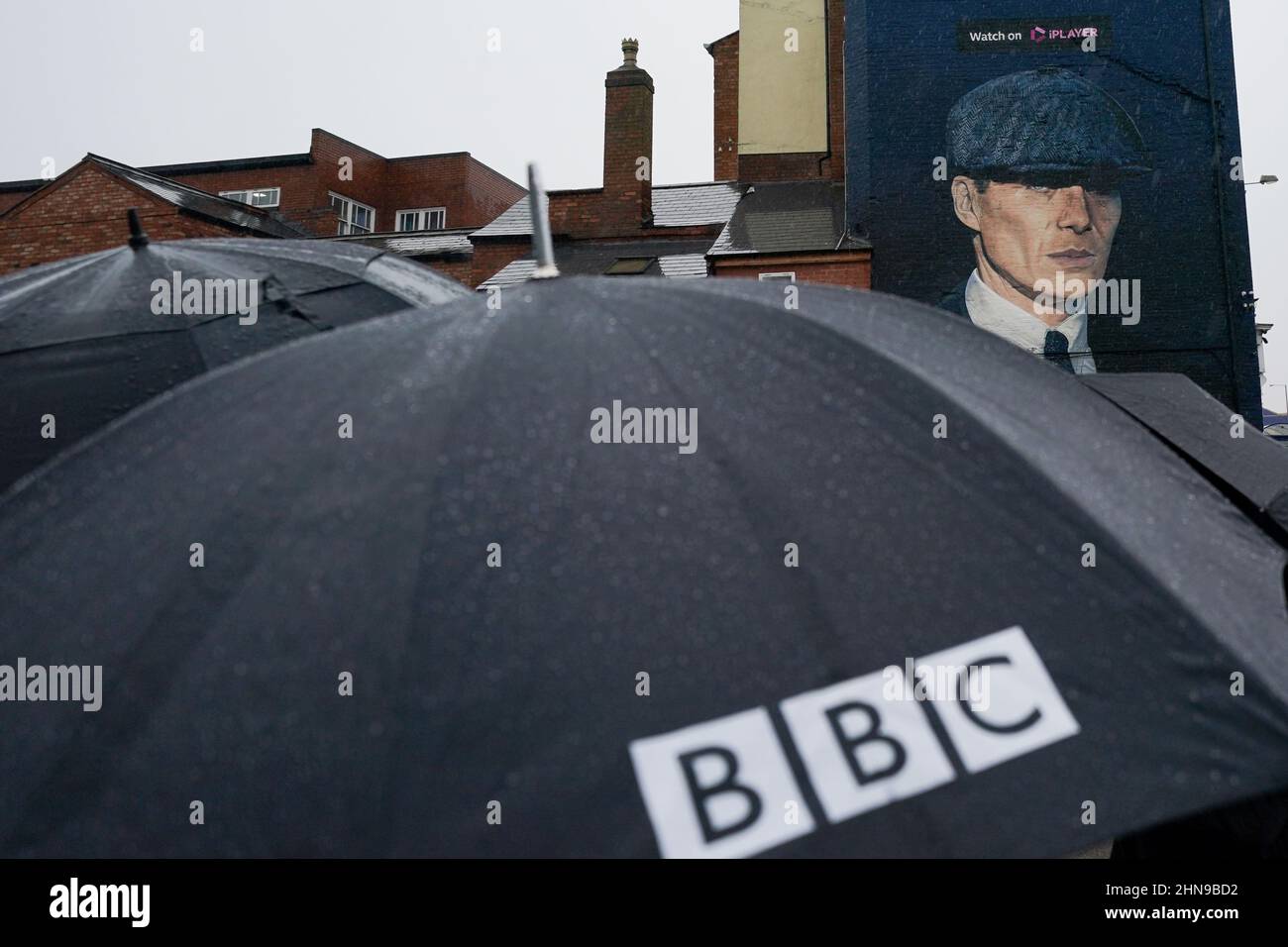 A mural by artist Akse P19, of actor Cillian Murphy, as Peaky Blinders crime boss Tommy Shelby, in the historic Deritend area of Birmingham, ahead of the sixth and final series of the hit BBC One crime series. Picture date: Tuesday February 15, 2022. Stock Photo