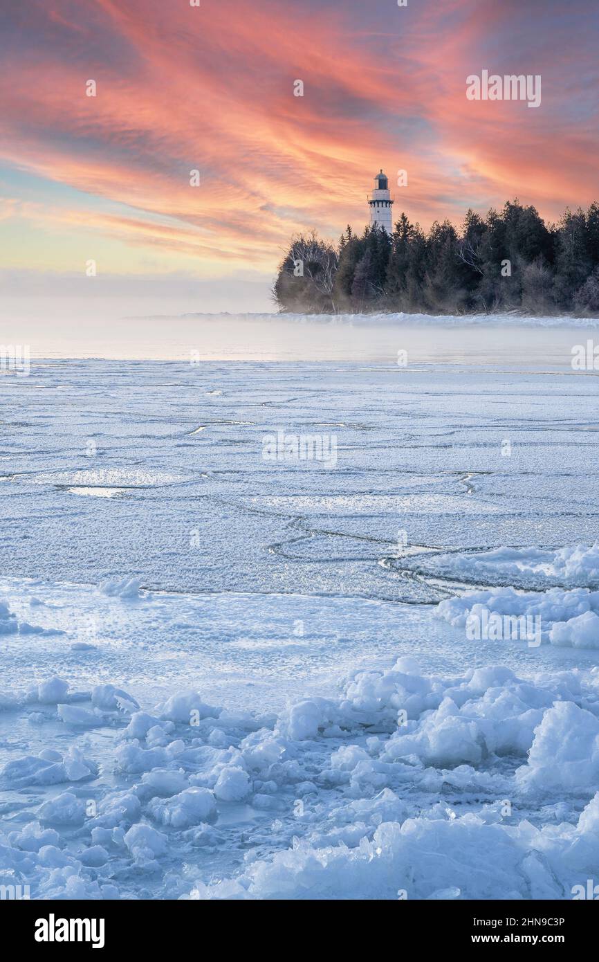 An example of pre dawn long exposure focus stacked image of one of the many great lakes lighthouses to be found along the shorelines of Wisconsin. Stock Photo