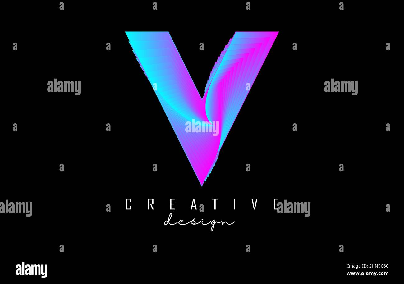 Purple Letter V logo with lines and spiral effect. Vector illustration