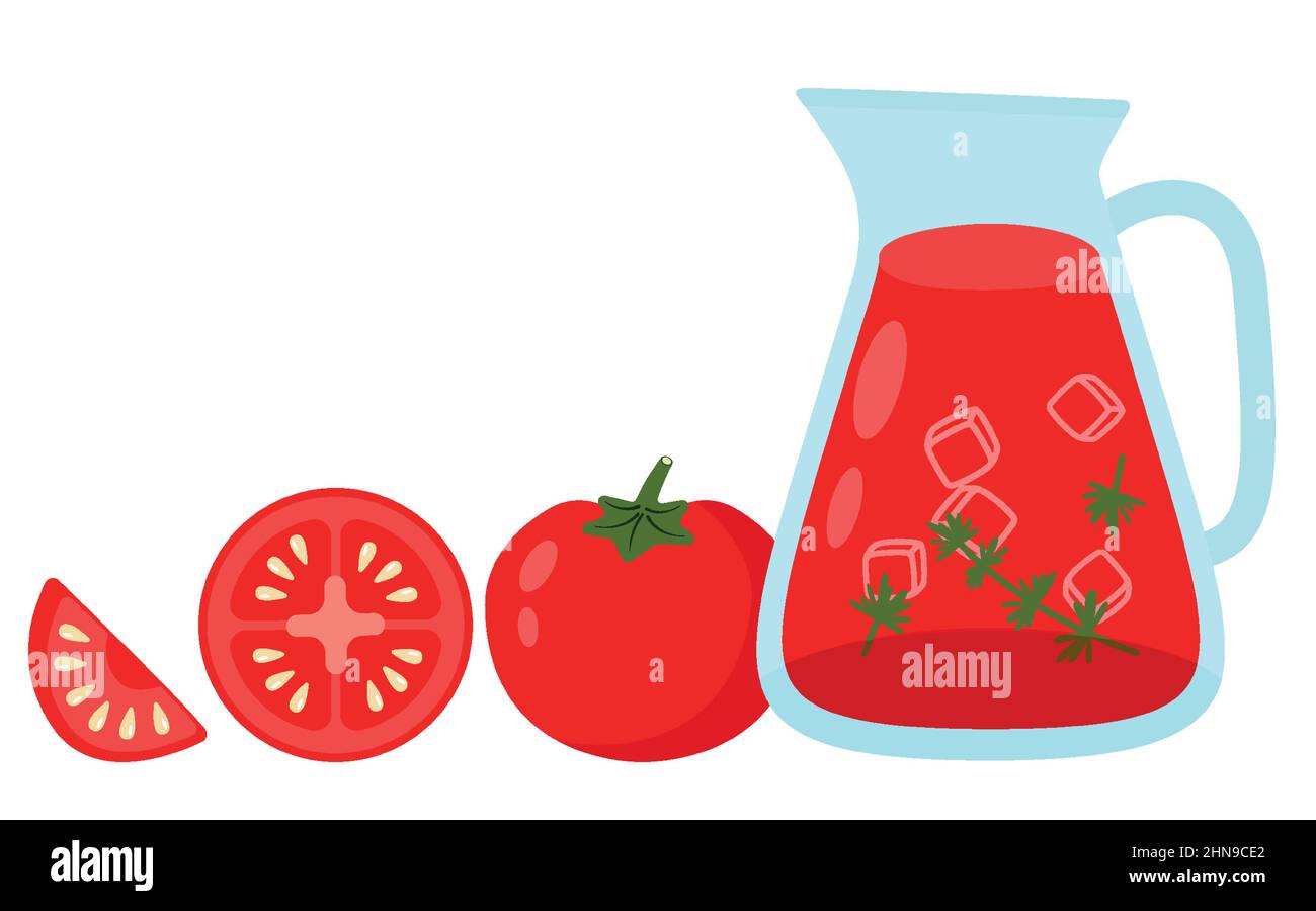 Set of tomatoes.Tomatoes whole and half cut and tomato juice Stock Vector