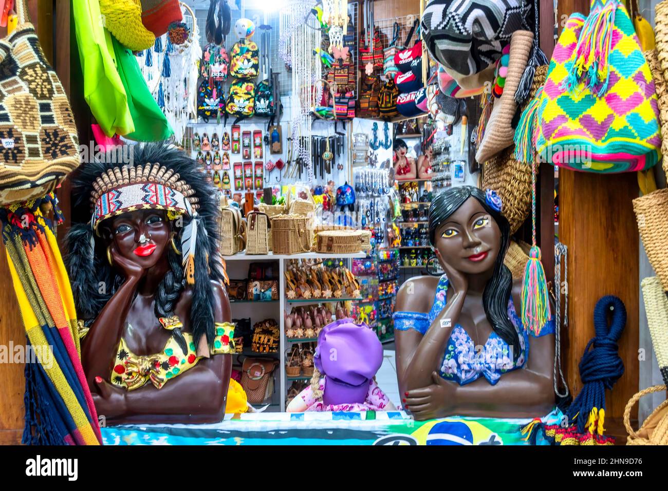 Brazilian souvenirs in gift shop in Paraty, Rio de Janeiro, Brazil