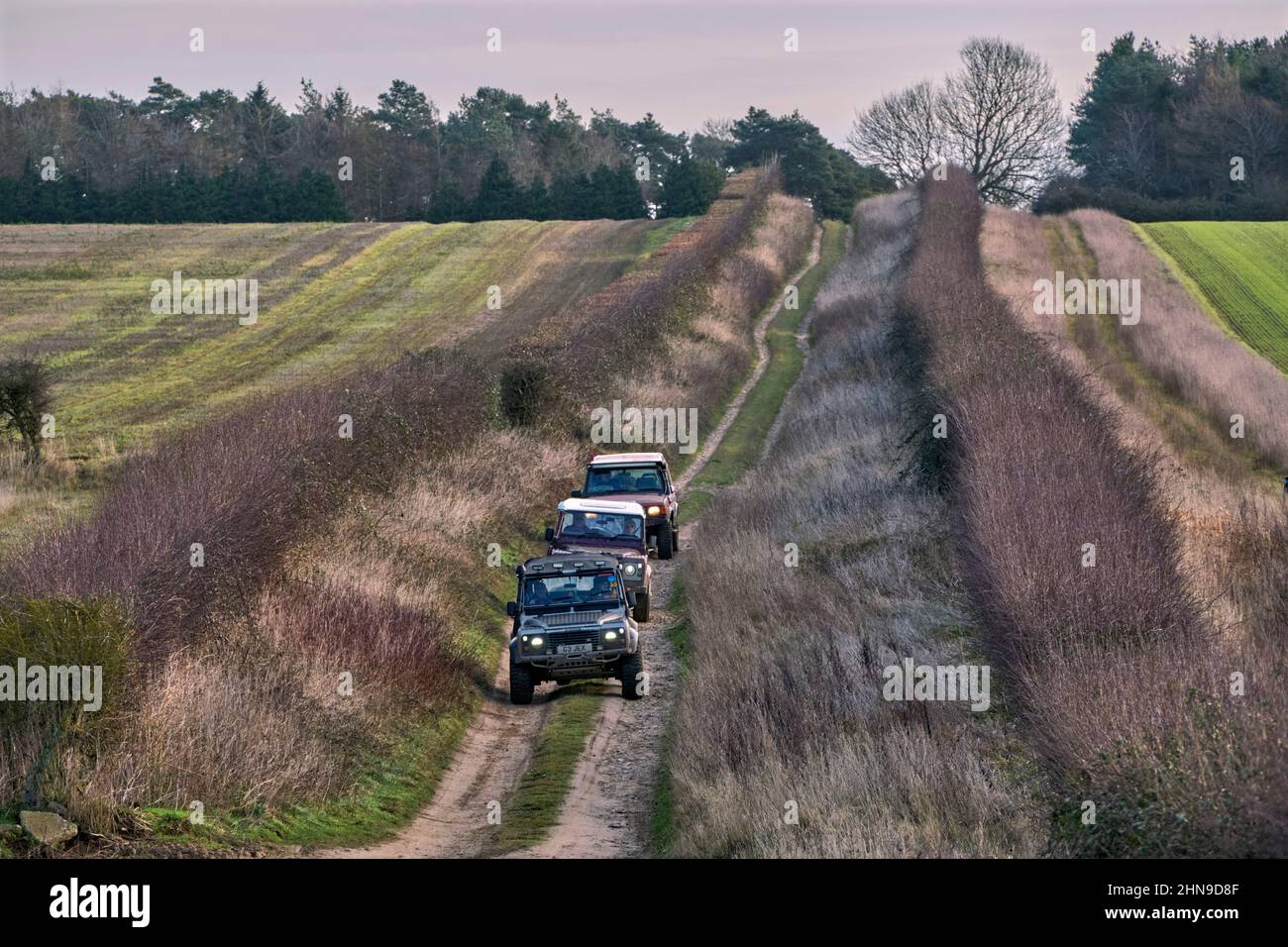 Land Rovers on the Peddars Way near Harpley. Norfolk, England. Stock Photo