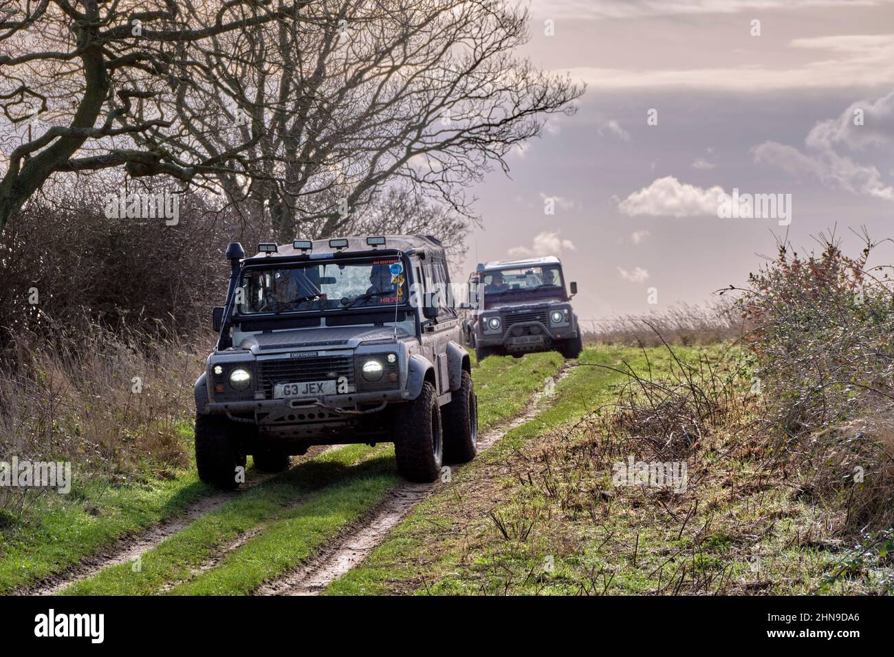 Land Rovers on the Peddars Way near Fring. Norfolk, England. Stock Photo