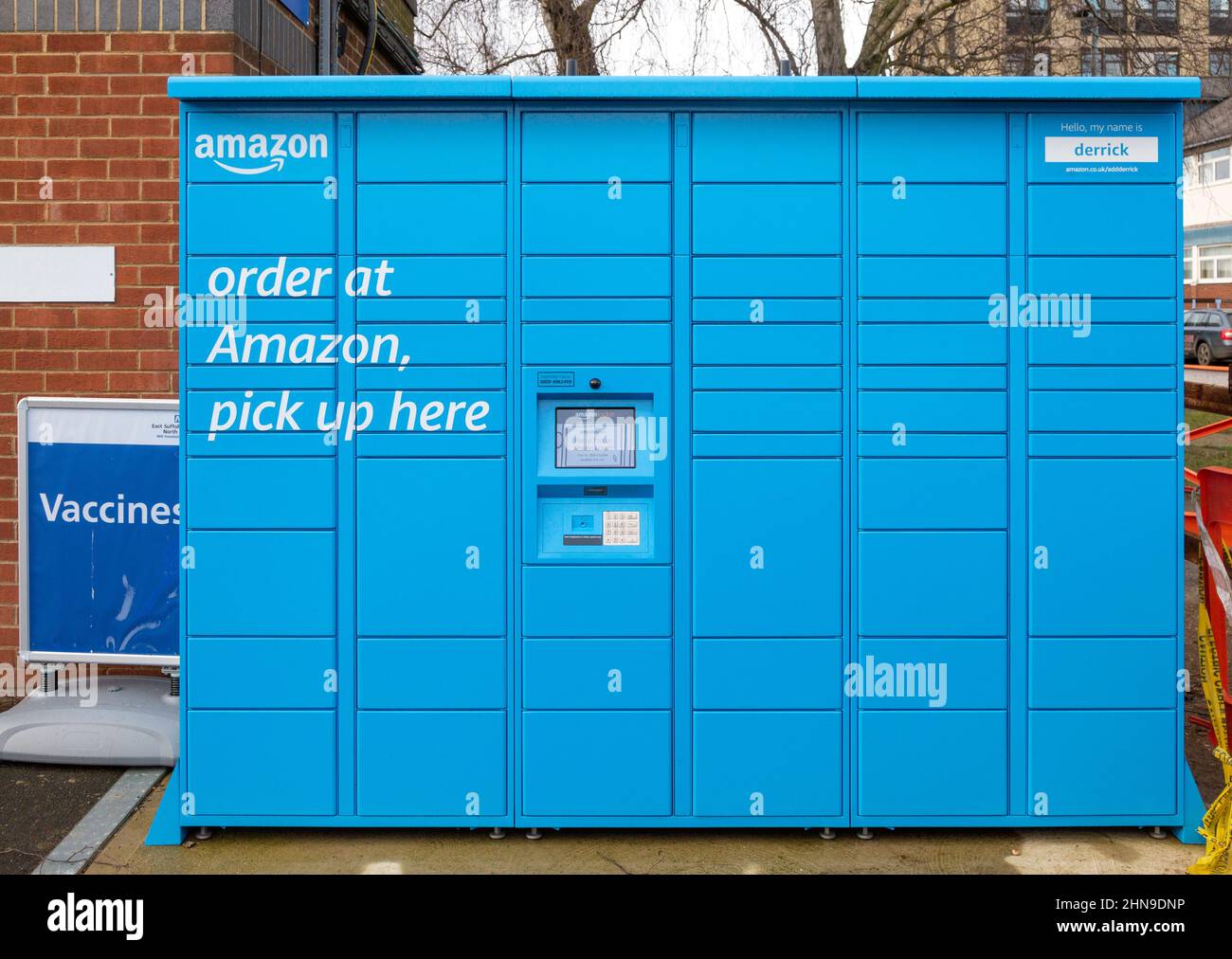 Blue Amazon pick up point collection hub locker site, Ipswich hospital, Suffolk, England, UK Stock Photo