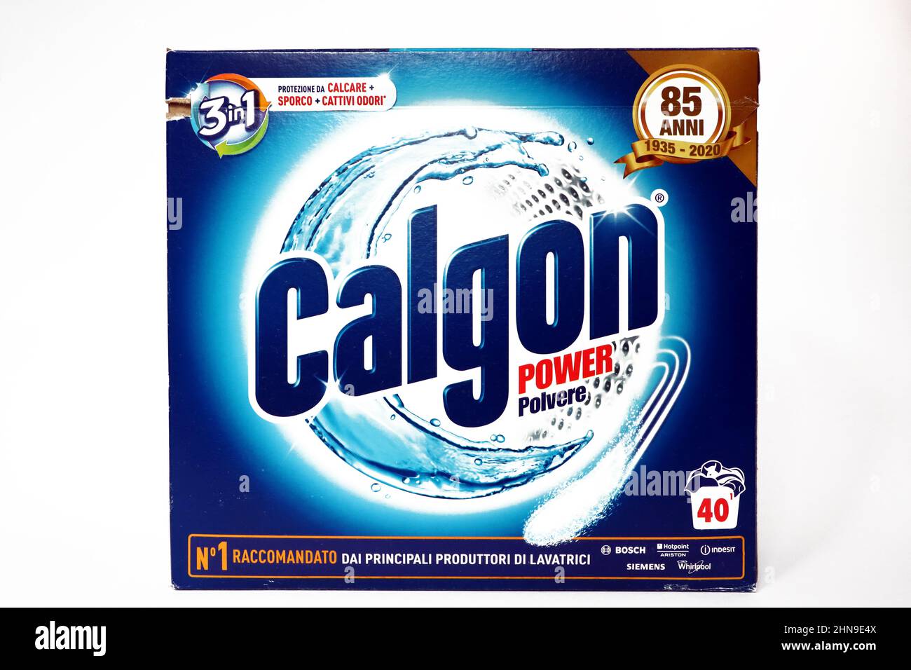 Box of CALGON power powder detergent. Calgon is a brand of Reckitt