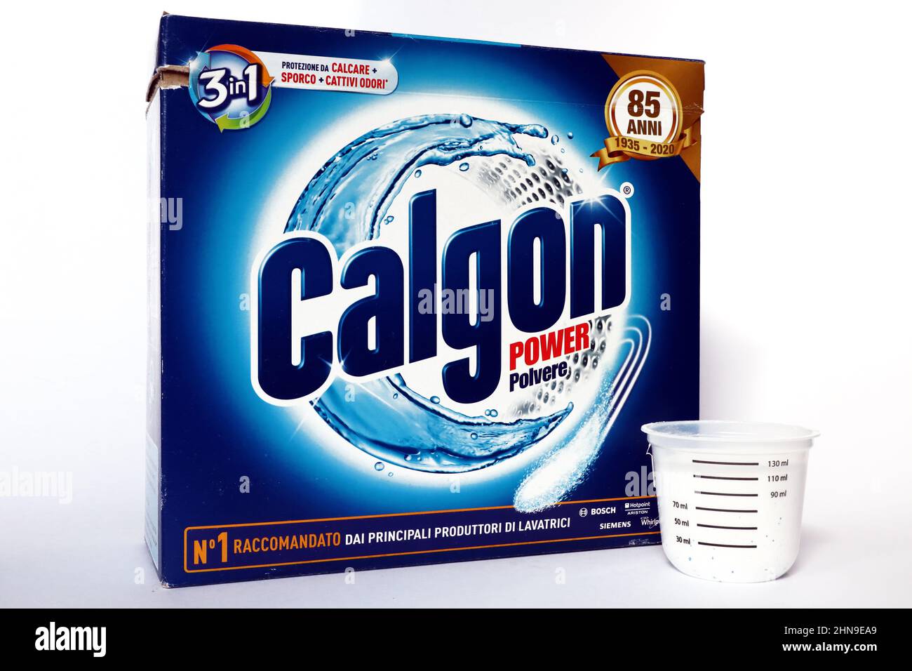 Box of CALGON power powder detergent. Calgon is a brand of Reckitt