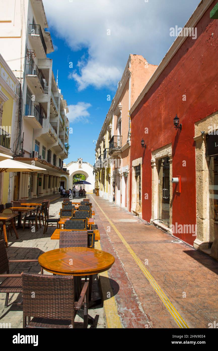 Pedestrian/Restuarant Street, Calle 59, Old Town, UNESCO Site, San Francisco de Campeche, State of Campeche, Mexico Stock Photo