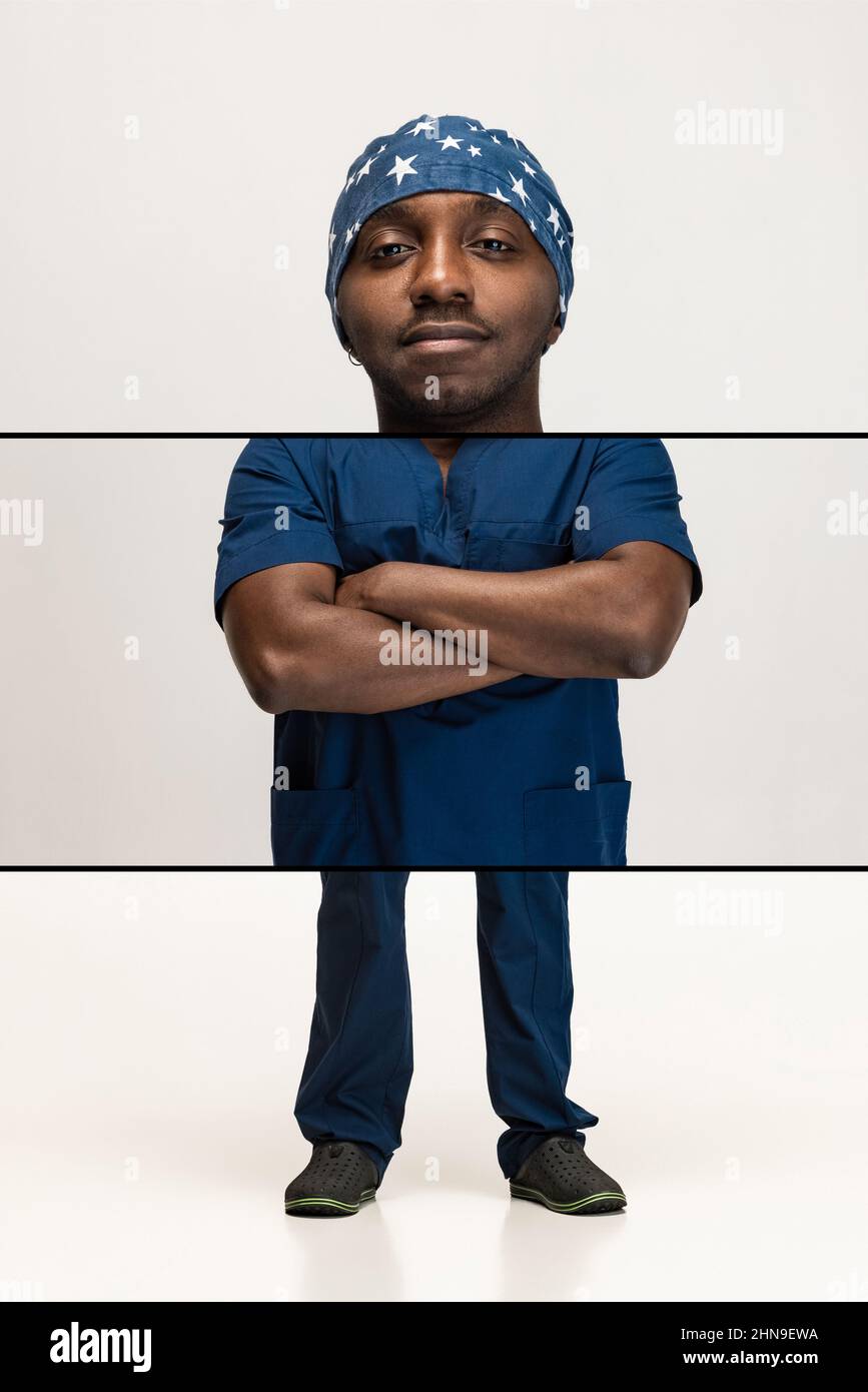 Composite image, collage with of young doctor standing with crossed