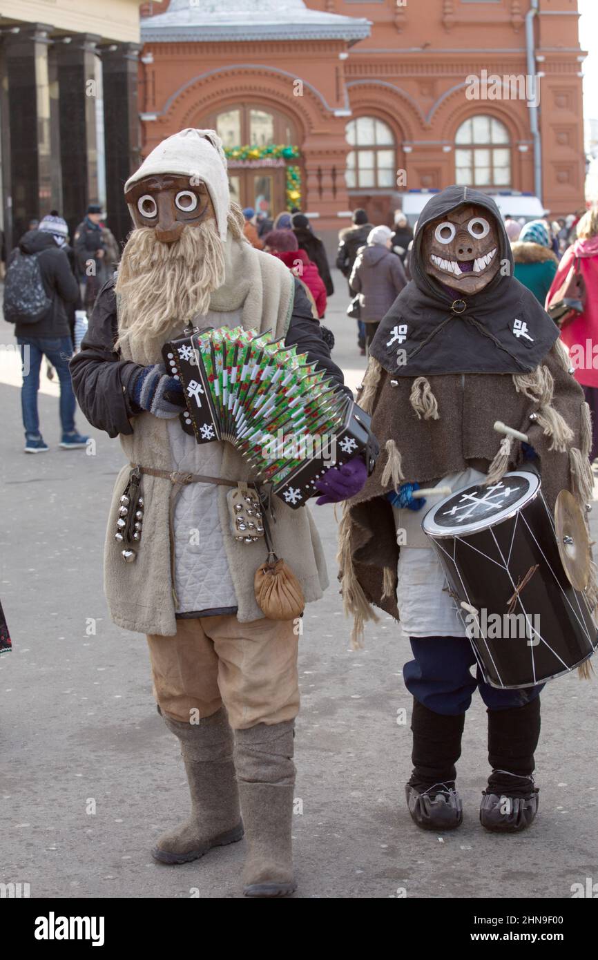 Costumed actors on the streets of Moscow. People with spears, weapons, archers, princes, guardsmen, масленица, парад костюмов, праздничное шествие, ко Stock Photo