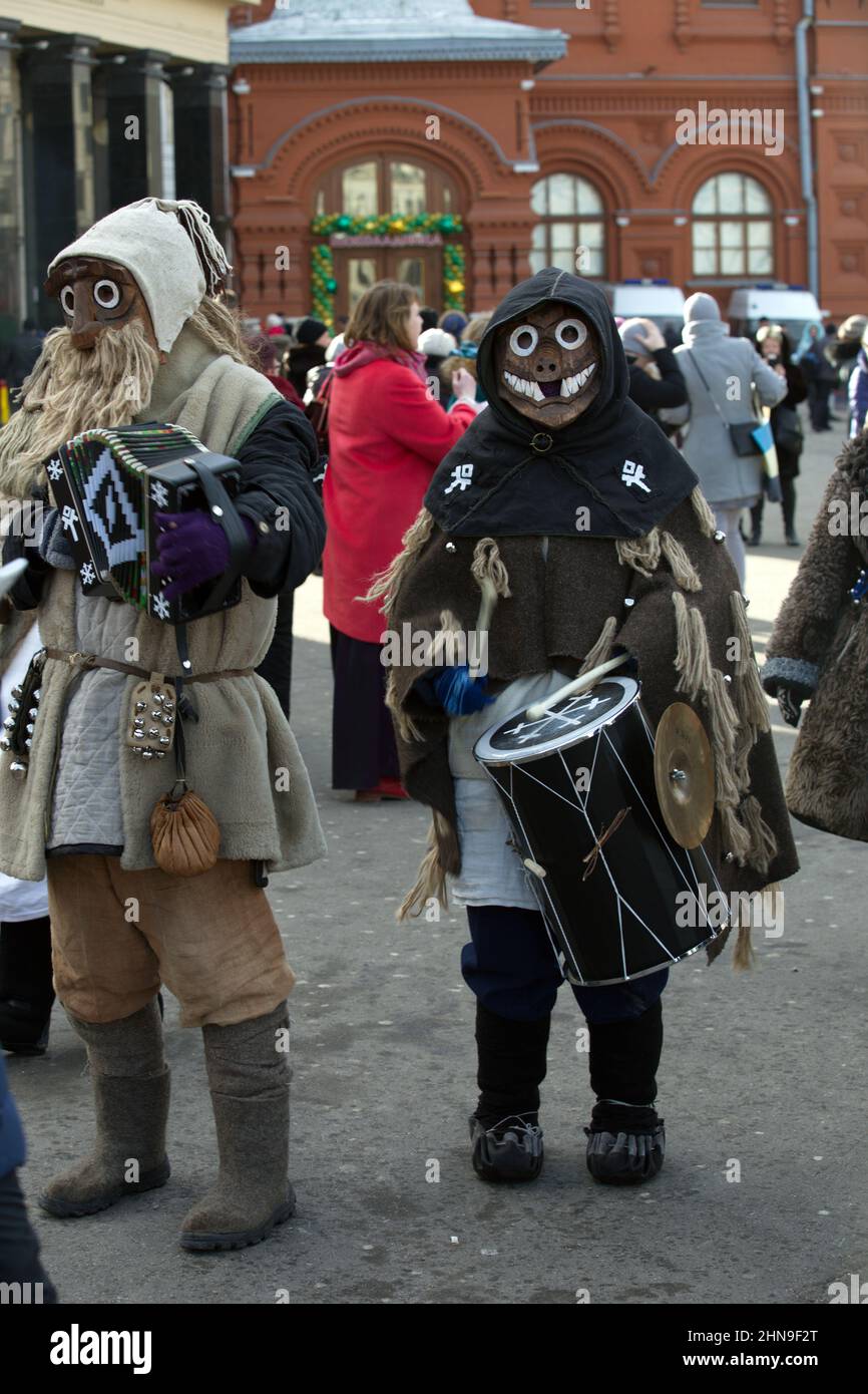 Costumed actors on the streets of Moscow. People with spears, weapons, archers, princes, guardsmen, масленица, парад костюмов, праздничное шествие, ко Stock Photo