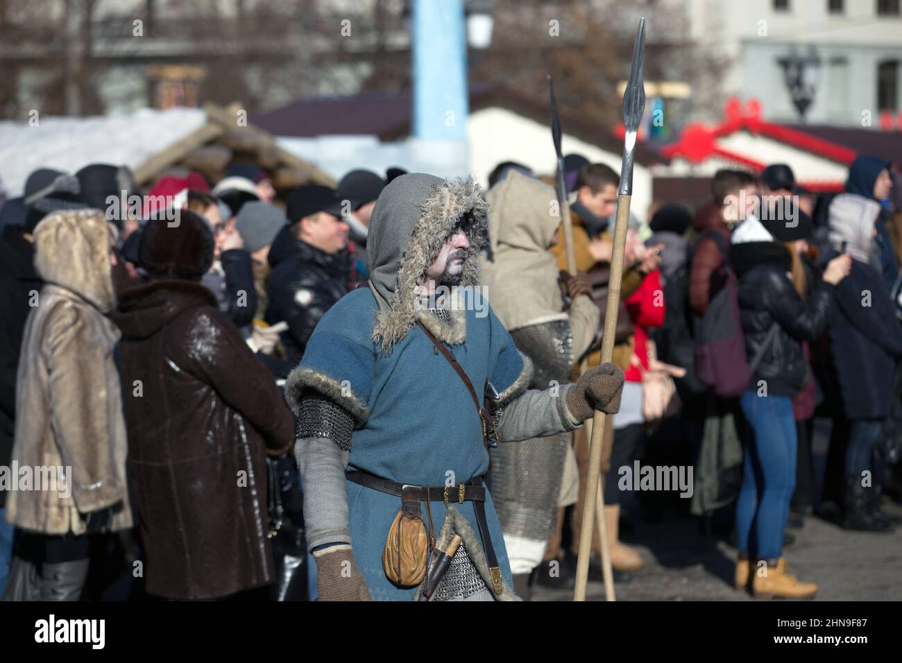 Costumed actors on the streets of Moscow. People with spears, weapons, archers, princes, guardsmen, масленица, парад костюмов, праздничное шествие, ко Stock Photo