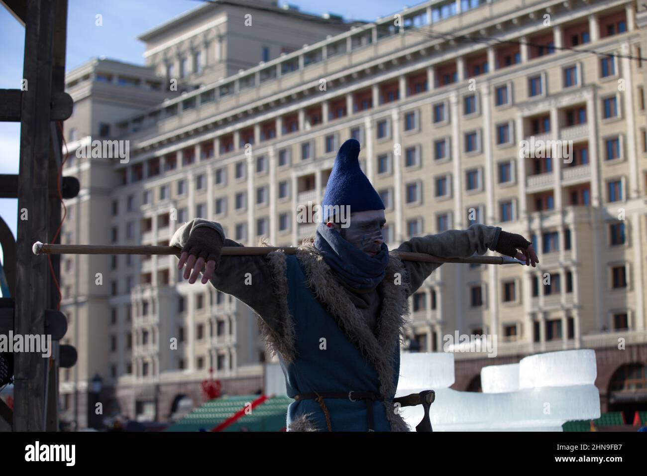 Costumed actors on the streets of Moscow. People with spears, weapons, archers, princes, guardsmen, масленица, парад костюмов, праздничное шествие, ко Stock Photo