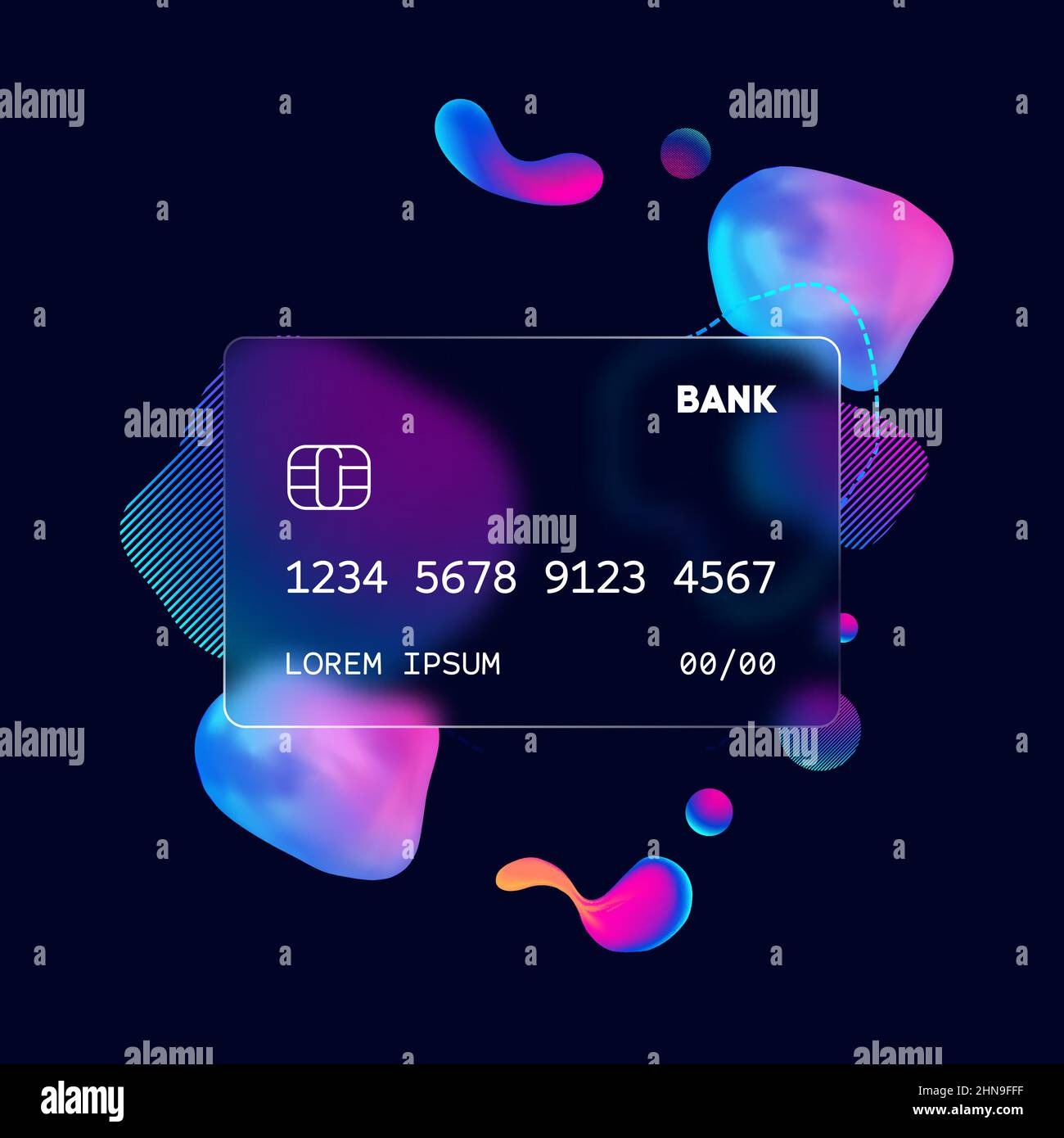 Glass morphism credit card template. Plastic rectangle of transparent plastic with blur effect. Liquid shapes morphism abstract art. Stock Vector