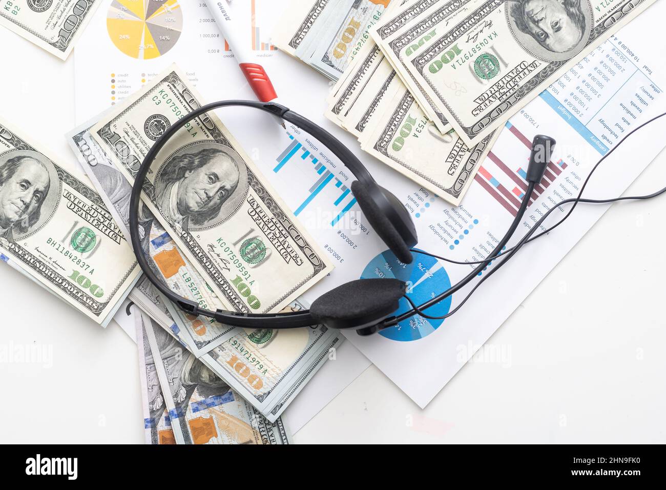 money concept, graph, chart document and pen on desktop. Stock Photo