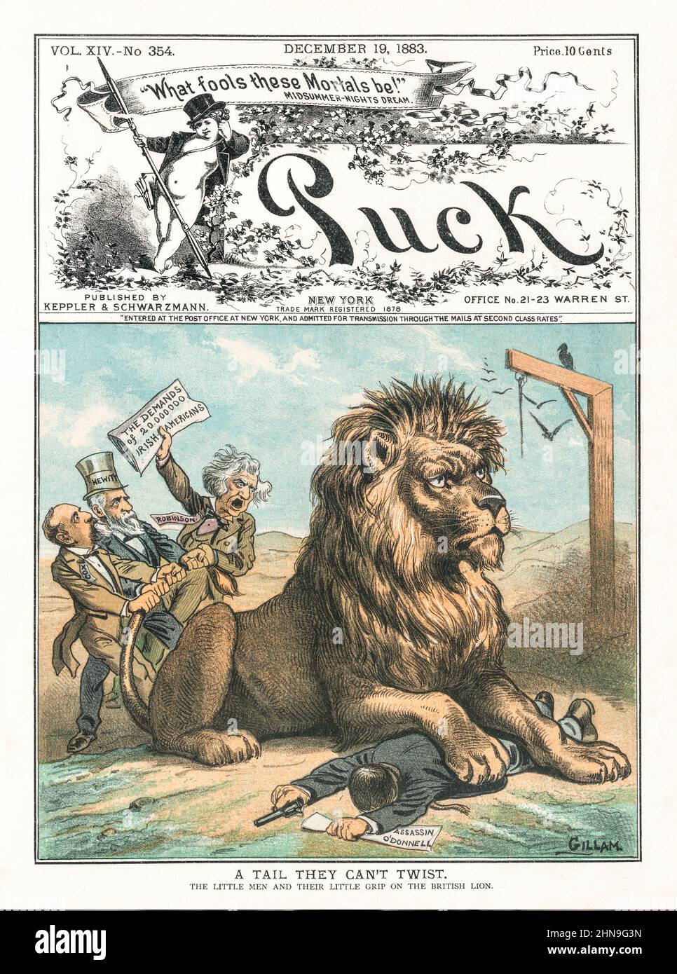 A late 19th century American Puck Magazine cover showing  Samuel S. Cox, Abram S. Hewitt, and William E. Robinson (waving a paper that states 'The demands of 20,000,000 Irish-Americans') pulling on the tail of the British Lion who is resting its front paws on the body of a man with a handgun in one hand and a paper labeled 'Assassin O'Donnell' in the other; a gibbet stands in the background. Patrick O'Donnell was executed by hanging in London on December 17, 1883, for the murder of James Carey. Stock Photo