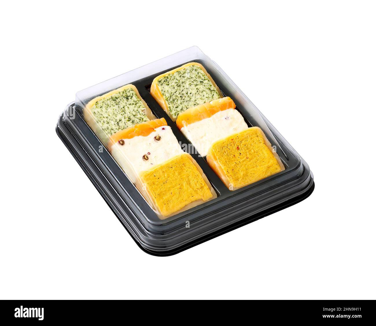 salmon terrines in packaging plastic tray isolated on white Stock Photo