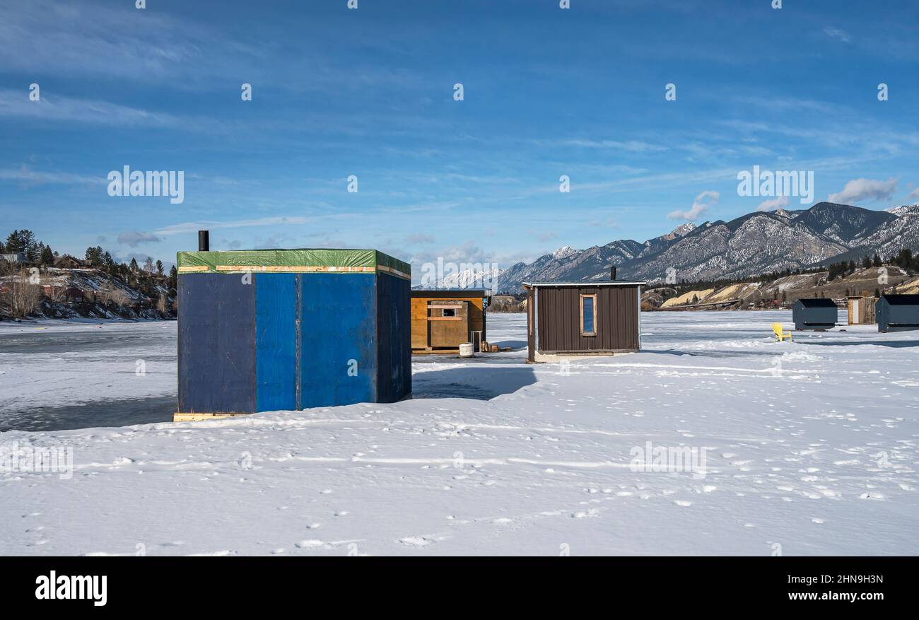 Ice fishing shacks on Lake Windermere at Invermere, British Columbia ...