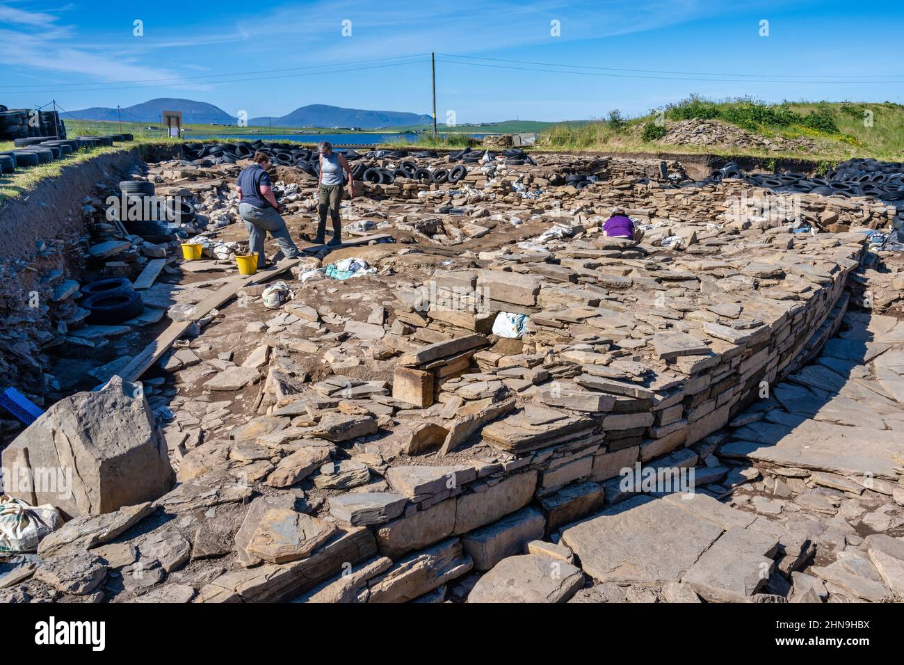 View of archaeological dig underway at Ness of Brodgar Neolithic site, Mainland Orkney, Scotland, UK Stock Photo