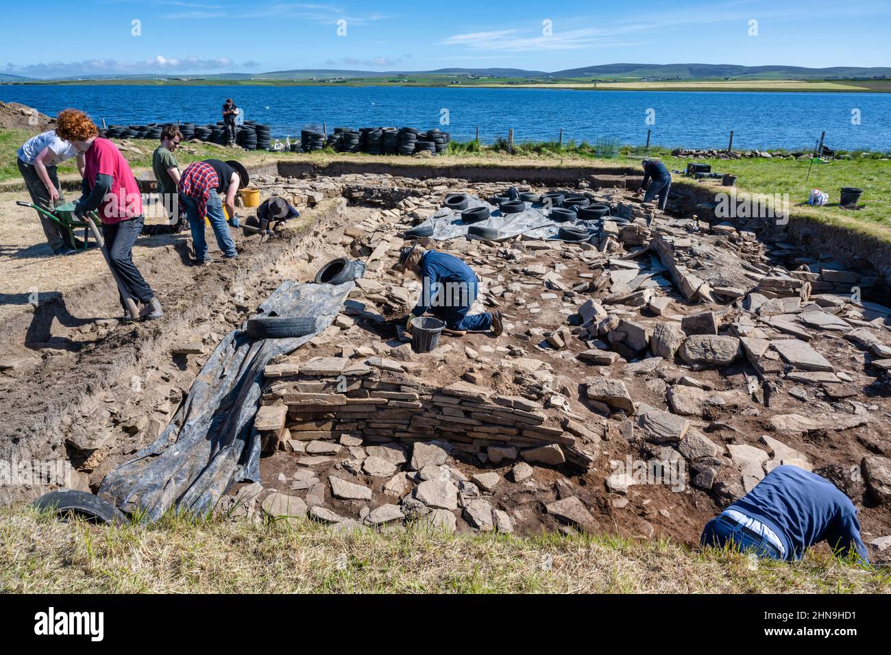 View of archaeological dig underway at Ness of Brodgar Neolithic site, Mainland Orkney, Scotland, UK Stock Photo