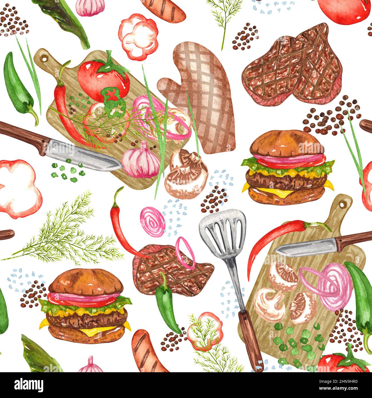 Watercolor Barbecue Grill Sketch Seamless Pattern. BBQ background Stock Photo Alamy