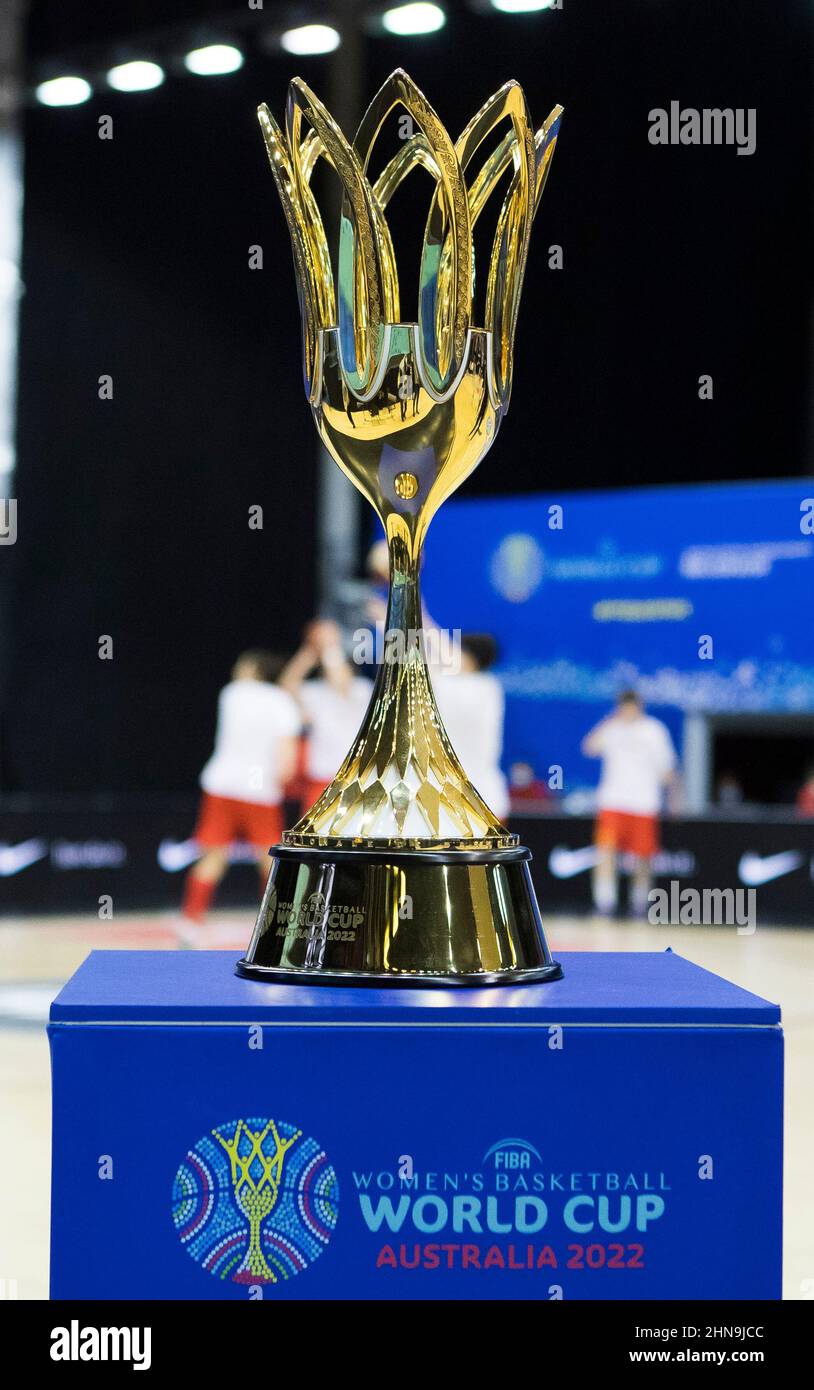 Belgrade, Serbia, 13th February 2022. The trophy of FIBA World Cup  Australia 2022 during the FIBA Women's Basketball World Cup Qualifying  Tournament match between Serbia v Brazil in Belgrade, Serbia. February 13,