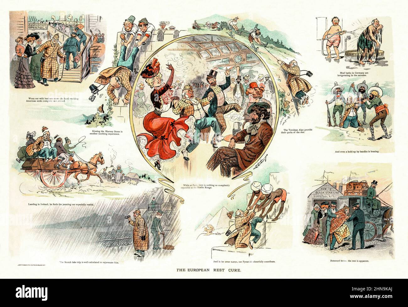 A late 19th century American Puck Magazine series of vignettes of an elderly couple embarking on a leisurely grand tour of Europe, stopping in Ireland, Scotland, France, Germany, and Egypt, before returning home exhausted and in poor health from the activity and stress of travel. Stock Photo