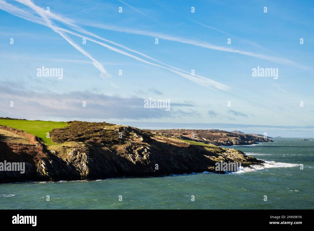 View across Porth Eilian from Point Lynas. Llaneilian, Amlwch, Isle of Anglesey, north Wales, UK, Britain Stock Photo