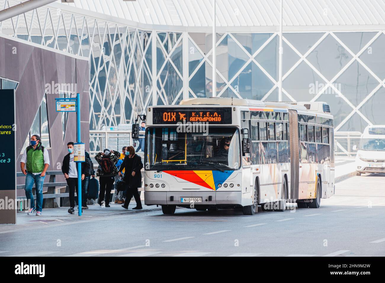 27 October 2021, Thessaloniki, Greece: A regular bus drops off passengers at the final stop at Thessaloniki Airport Stock Photo