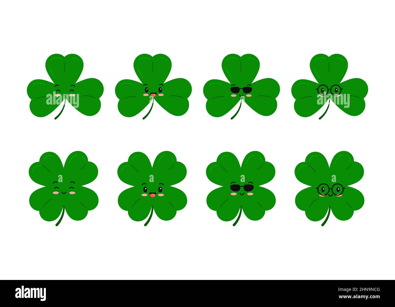 Cute clover leaves kids mascot set isolated on white background green