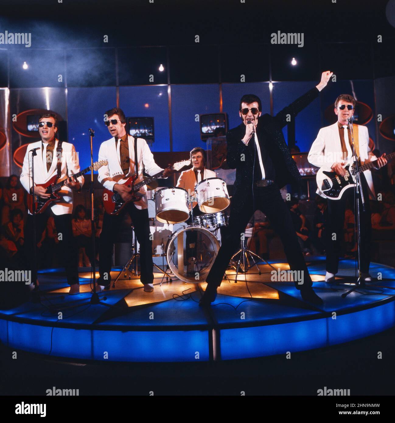 Matchbox, britische Rockabilly, Rock 'n' Roll Band, Steve Bloomfield, Steve Poke, Jimmy Redhead, Sänger Graham Fenton, Ian Terry, 1980. Matchbox, British Rockabilly and Rock 'n' Roll band, 1980. Stock Photo