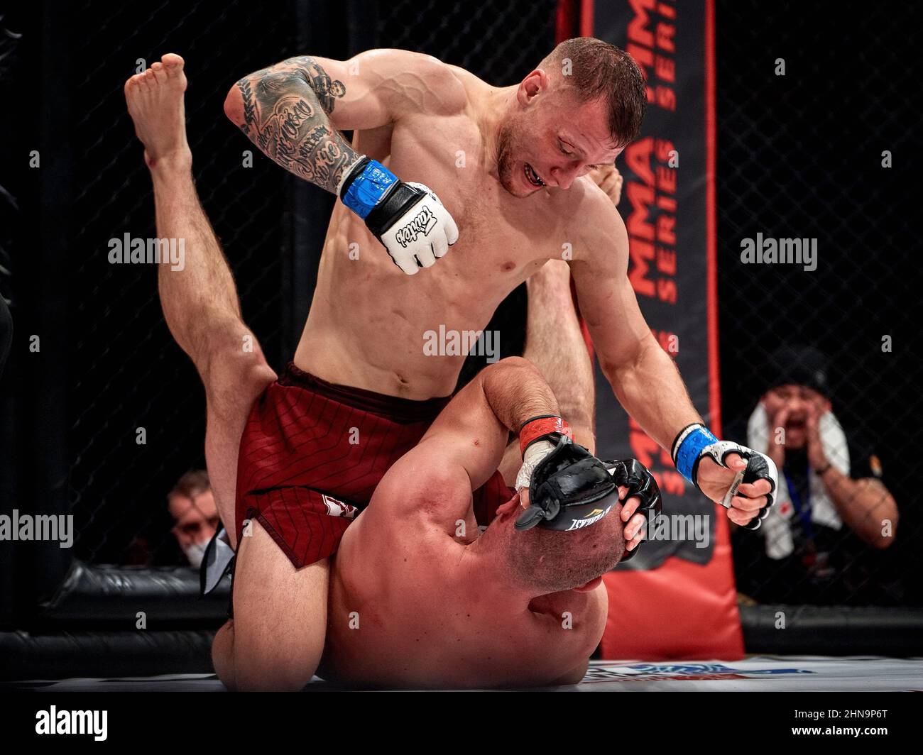 Vladislav Derevenskikh and Biyarslan Zakaryaev in action during the Fight  Riot 48 mixed martial arts tournament at the Voronezh Event Hall.On  February 12, Voronezh hosted the MMA Serie-48: Fight Riot tournament.  Russia,
