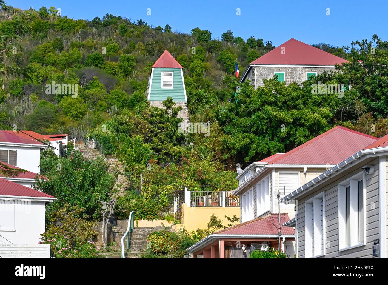 The Swedish clock tower of Gustavia, capital of Saint-Barthélemy in the ...